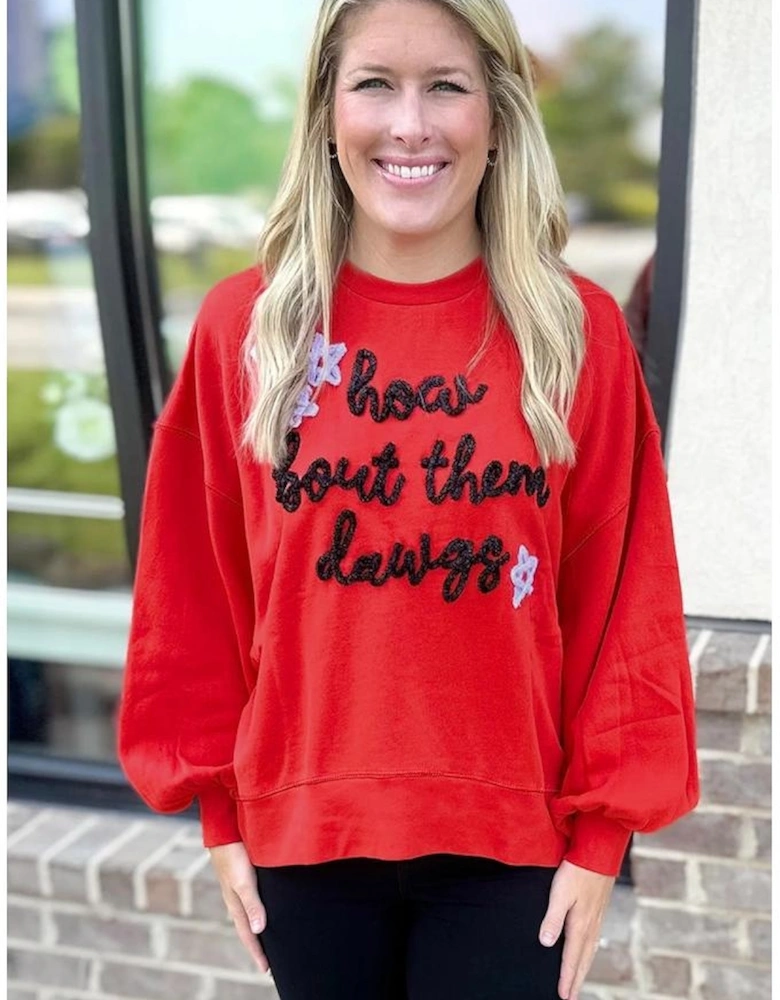 Fiery Red How Bout Them Dawgs Embroidered Script Balloon Sleeve Sweatshirt