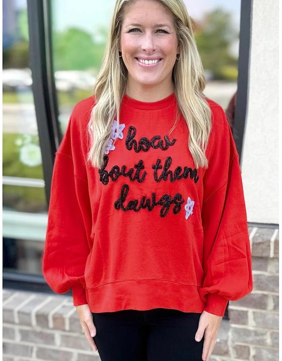 Fiery Red How Bout Them Dawgs Embroidered Script Balloon Sleeve Sweatshirt