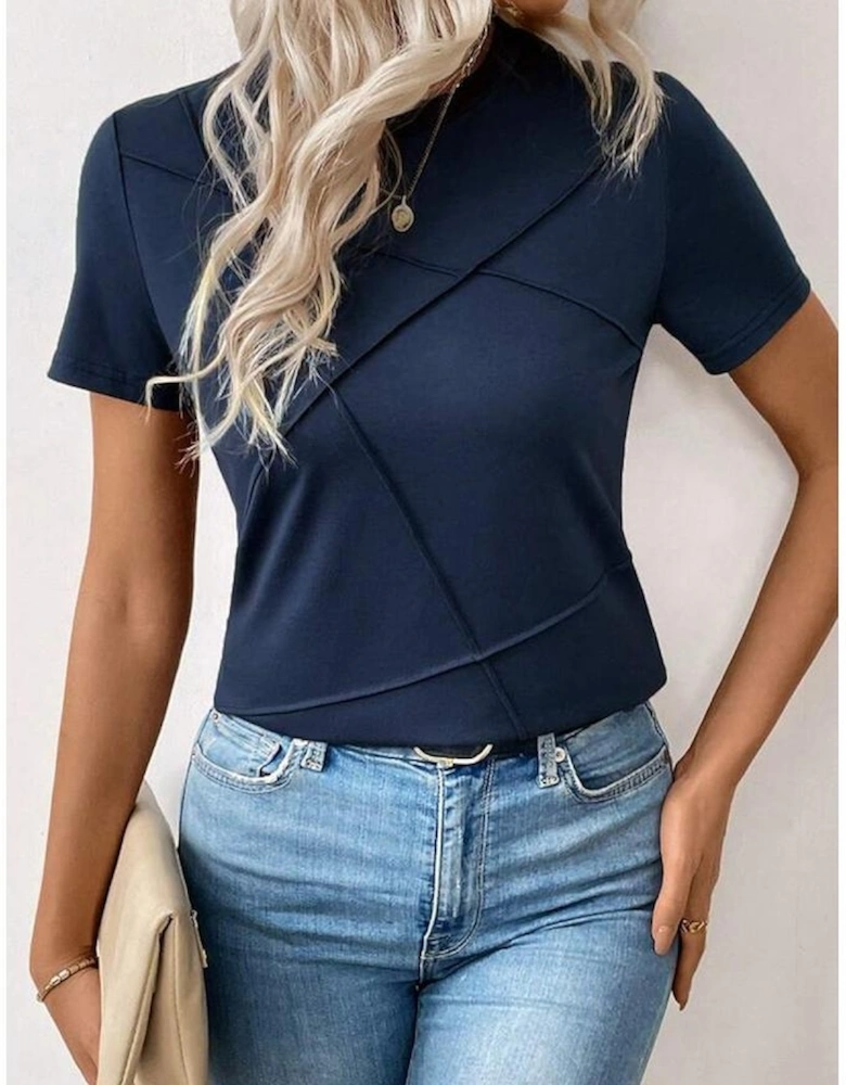 Dirty blue Solid Color Toothpick Stripe Round Neck T Shirt