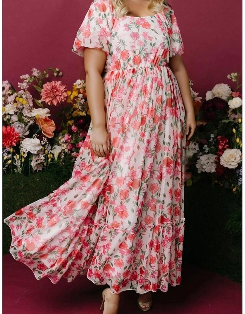 Pink Plus Size Floral Square Neck Puff Sleeve Ruffle Maxi Dress