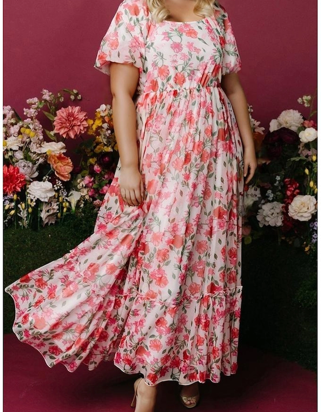Pink Plus Size Floral Square Neck Puff Sleeve Ruffle Maxi Dress