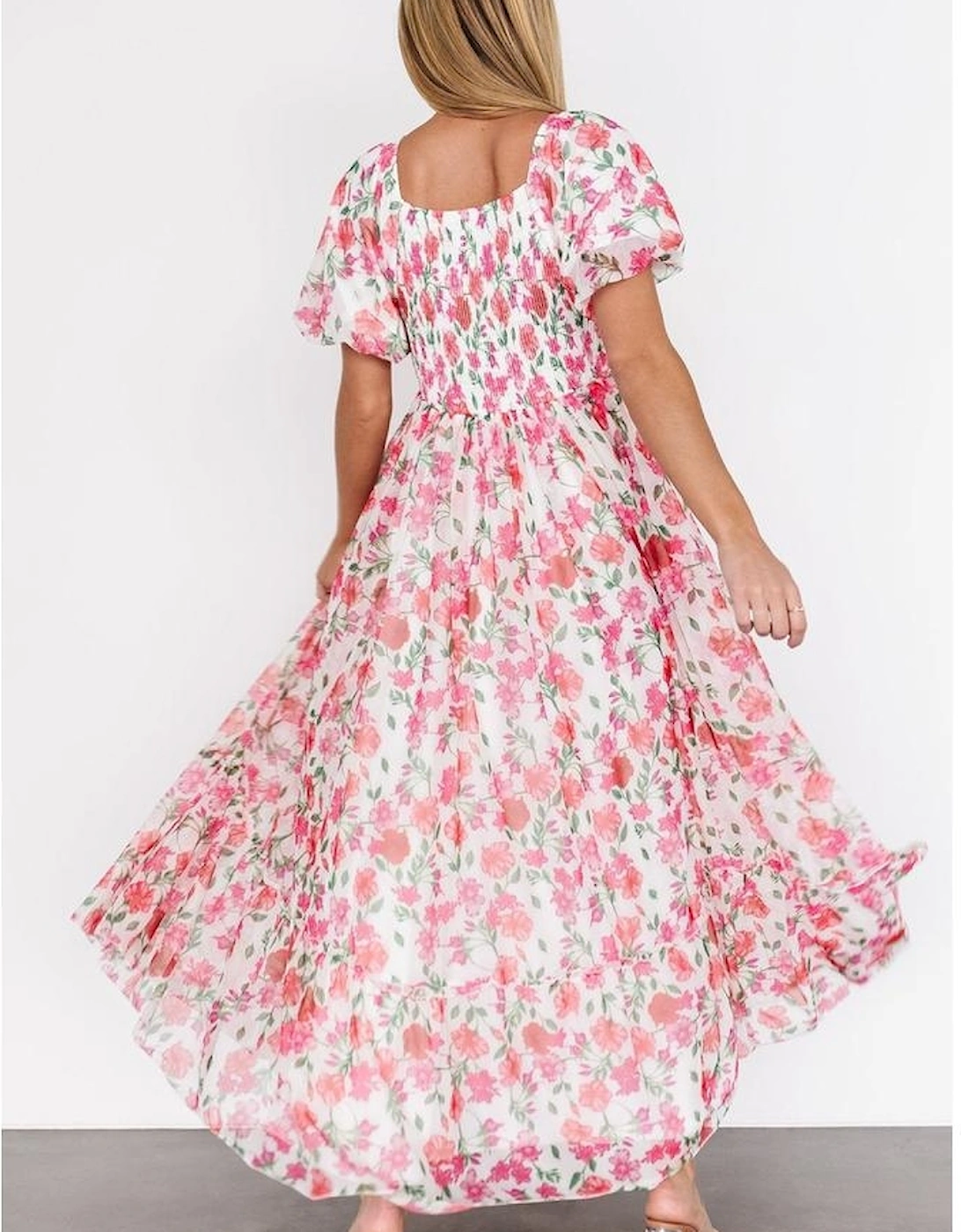 Pink Plus Size Floral Square Neck Puff Sleeve Ruffle Maxi Dress, 4 of 3