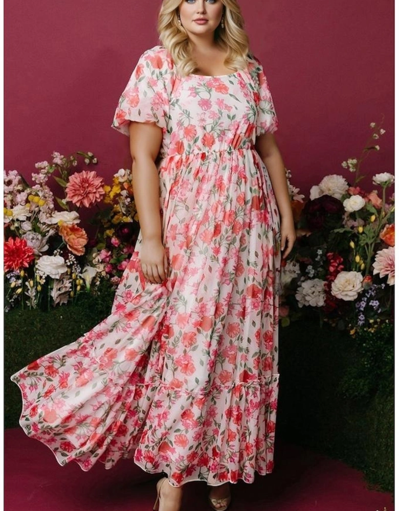 Pink Plus Size Floral Square Neck Puff Sleeve Ruffle Maxi Dress