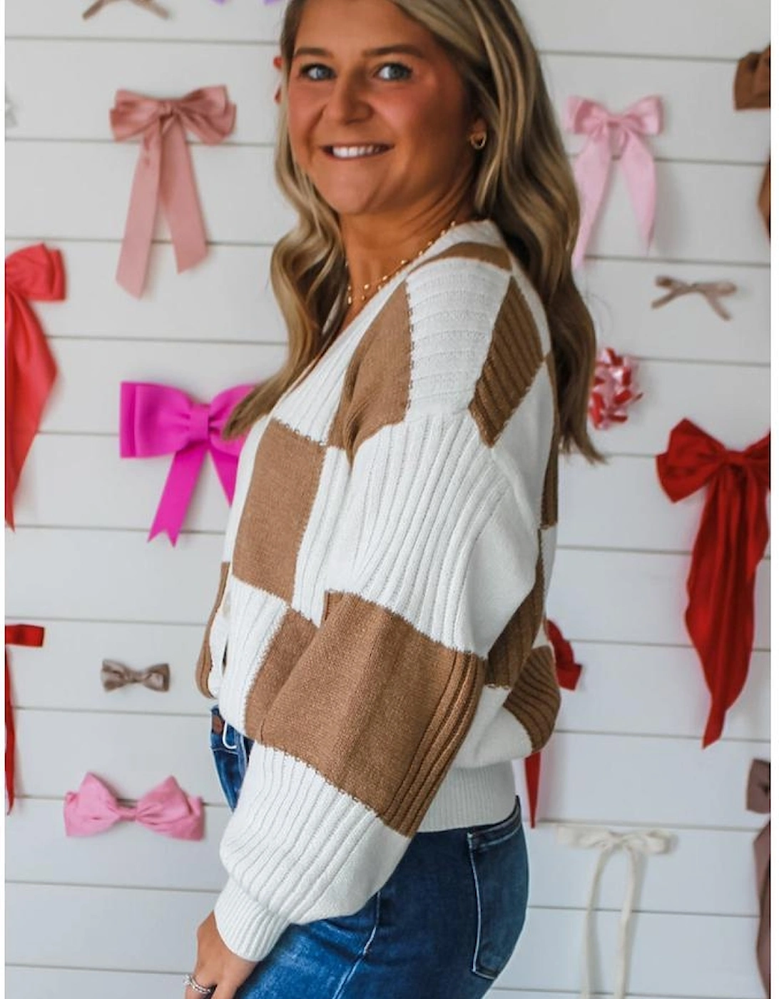 Khaki Checkered Pattern Ribbed Detail Button V Neck Sweater Cardigan, 12 of 11