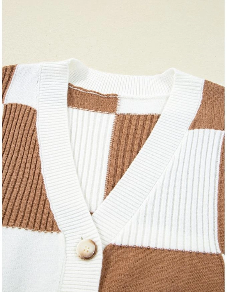 Khaki Checkered Pattern Ribbed Detail Button V Neck Sweater Cardigan