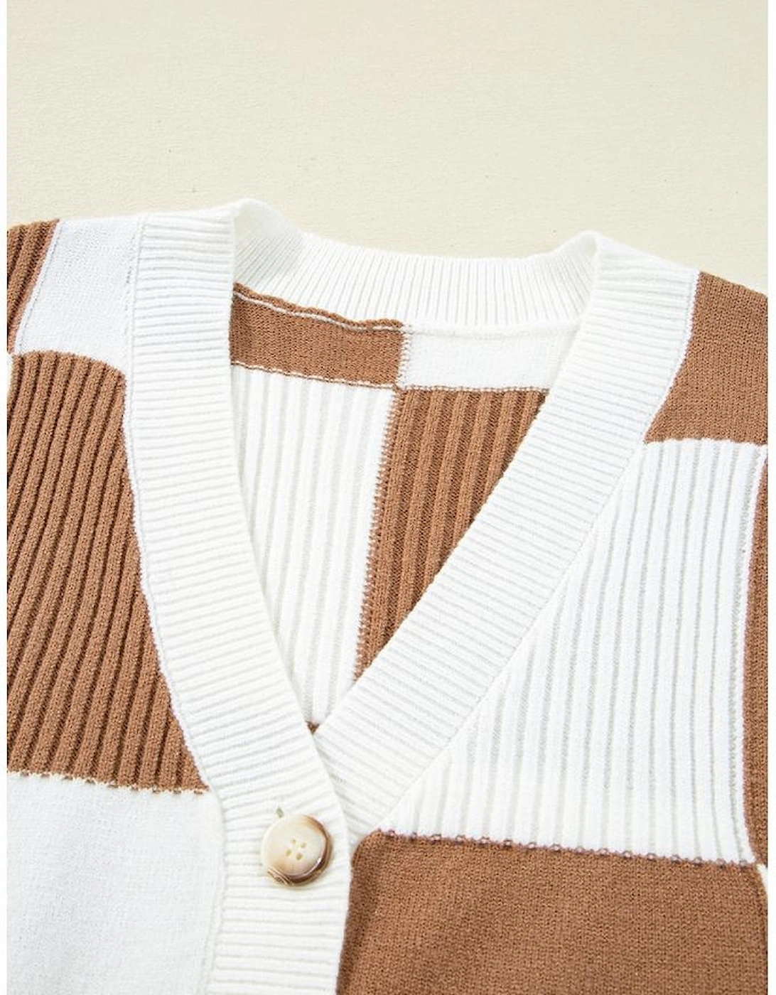 Khaki Checkered Pattern Ribbed Detail Button V Neck Sweater Cardigan