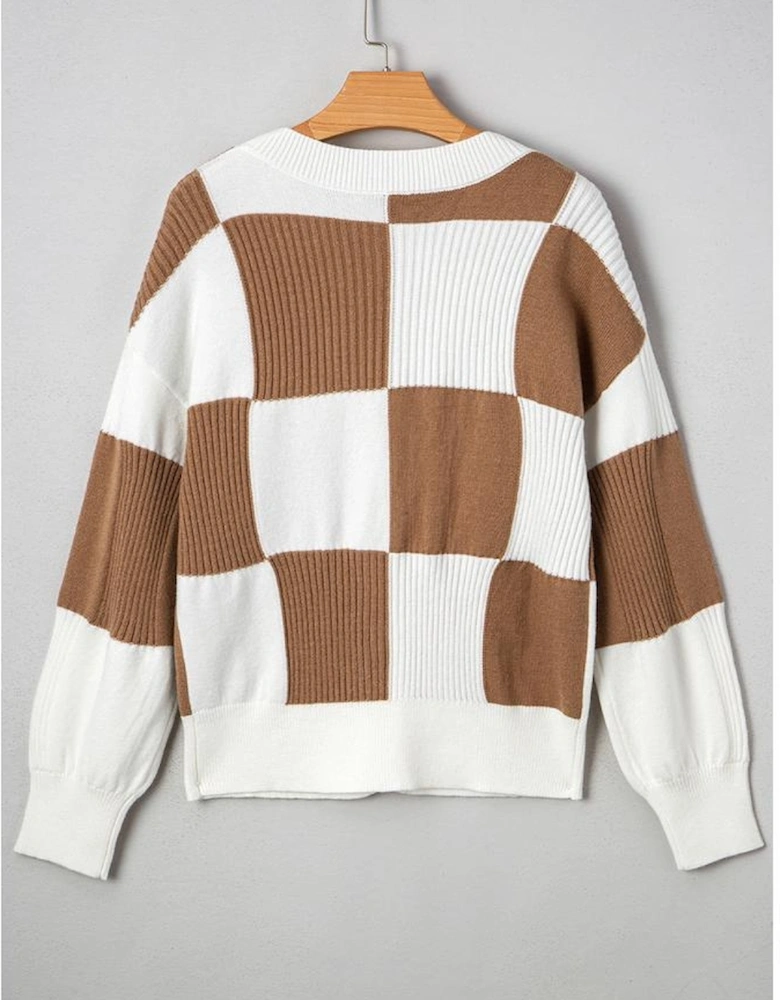 Khaki Checkered Pattern Ribbed Detail Button V Neck Sweater Cardigan