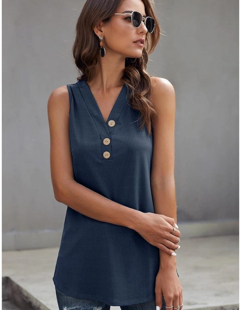 Azura Exchange Women's Ribbed Sleeveless V-Neck Tank Top - Casual Loose Fit Button-Down Comfortable Stretchy