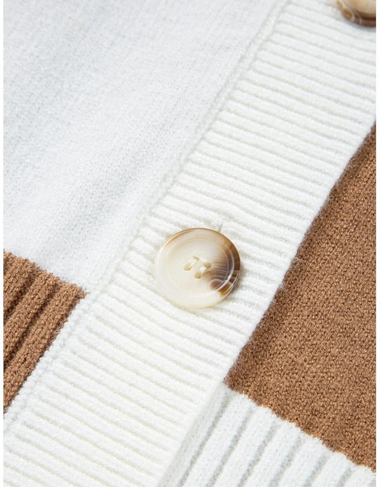 Khaki Checkered Pattern Ribbed Detail Button V Neck Sweater Cardigan