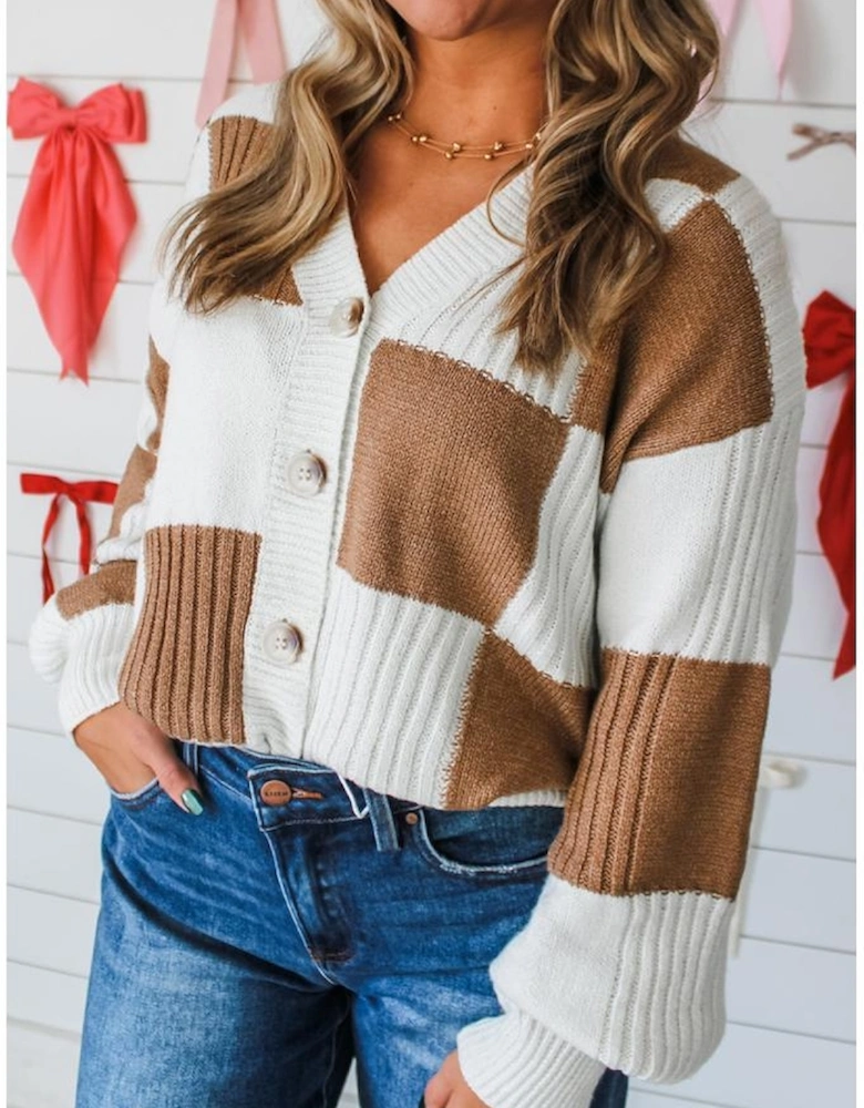 Khaki Checkered Pattern Ribbed Detail Button V Neck Sweater Cardigan