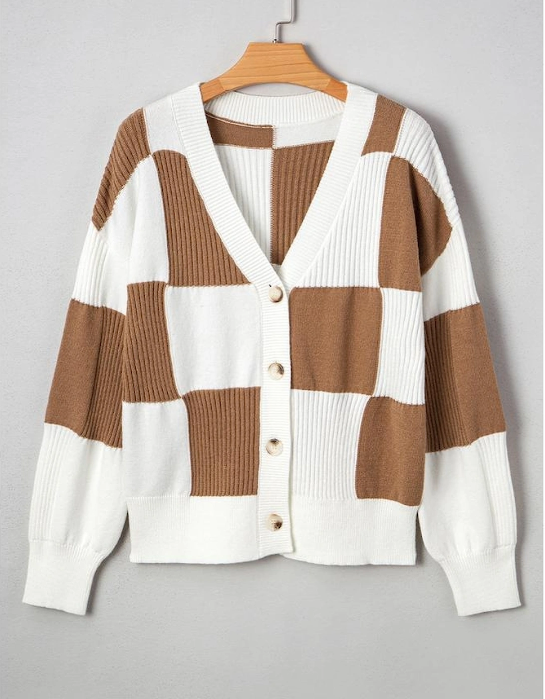 Khaki Checkered Pattern Ribbed Detail Button V Neck Sweater Cardigan