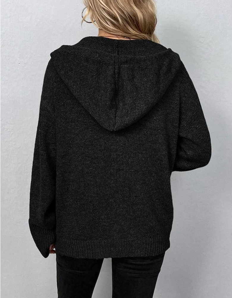 Black Drawstring Hooded Button Up Drop Shoulder Sweater Cardigan