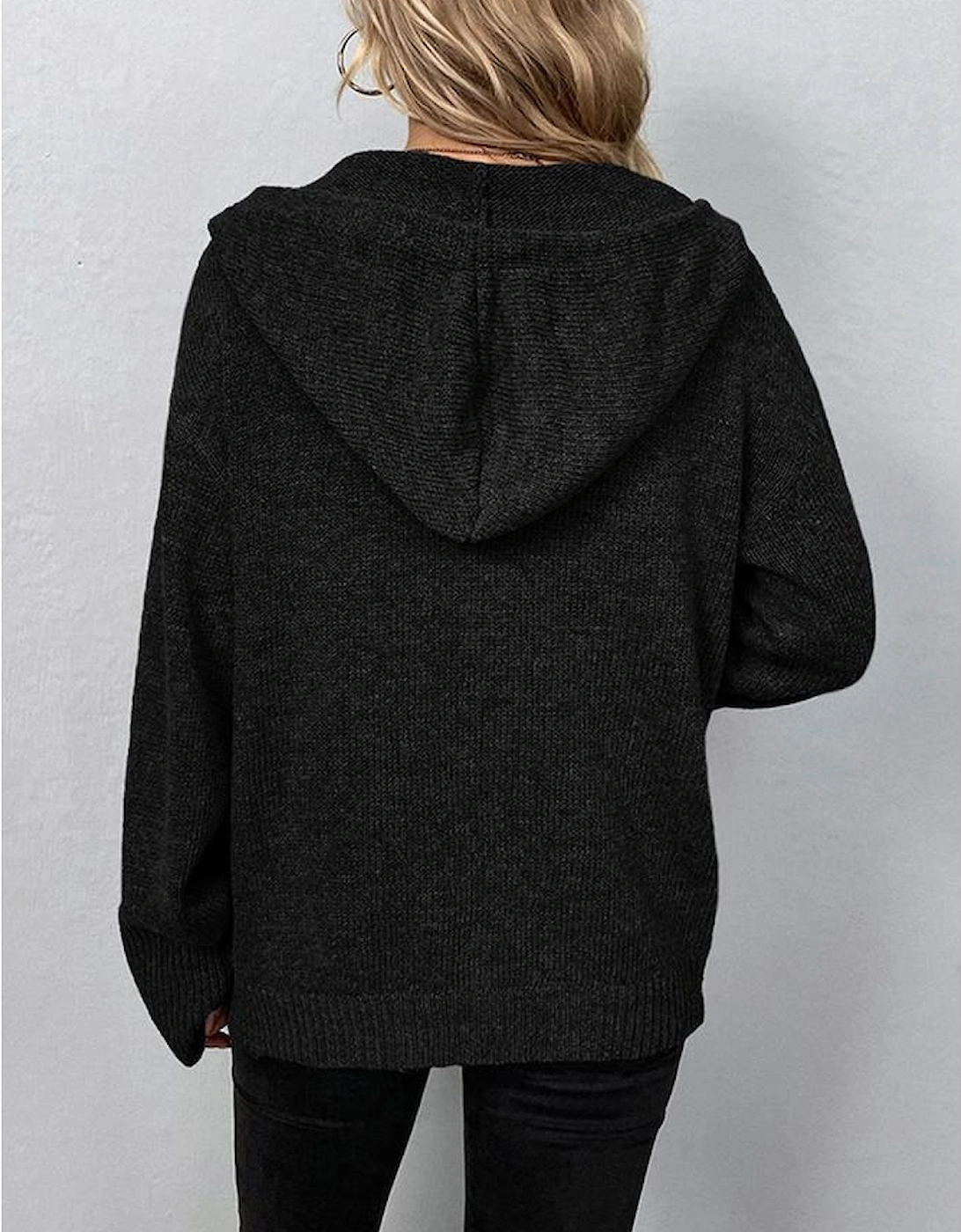 Black Drawstring Hooded Button Up Drop Shoulder Sweater Cardigan