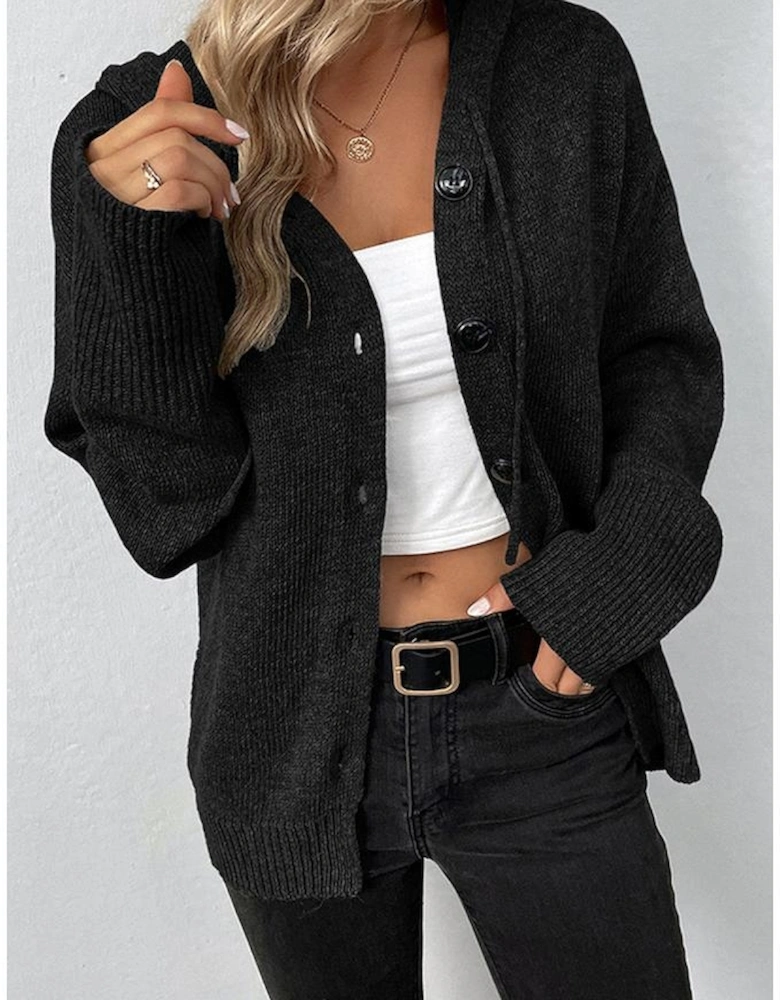 Black Drawstring Hooded Button Up Drop Shoulder Sweater Cardigan