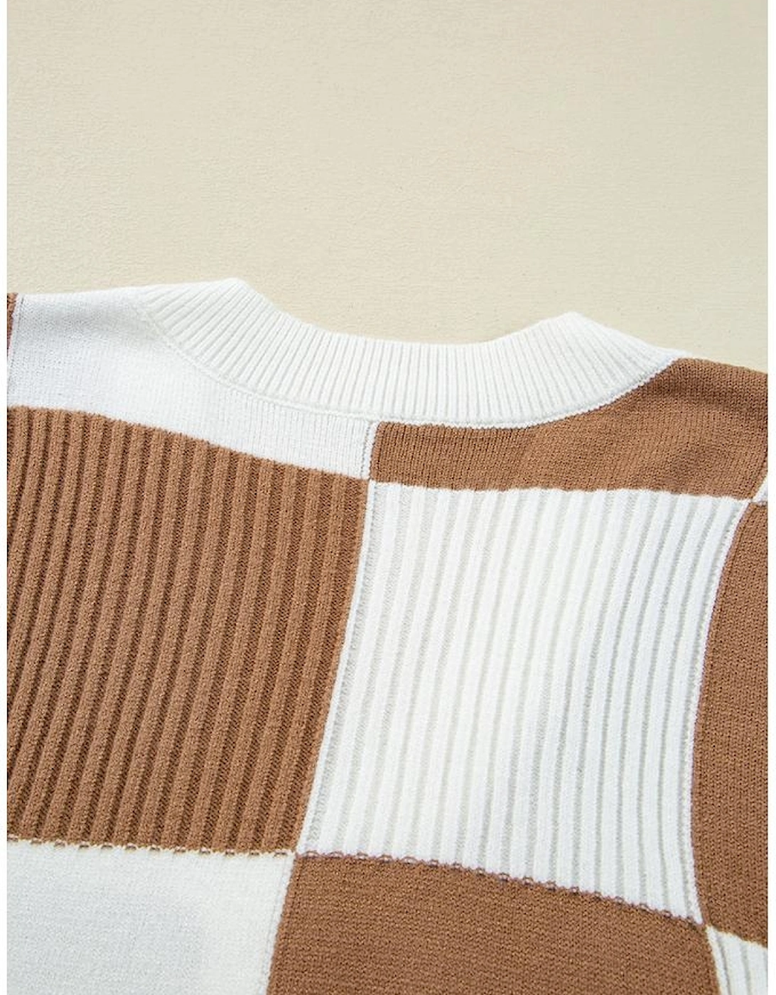 Khaki Checkered Pattern Ribbed Detail Button V Neck Sweater Cardigan