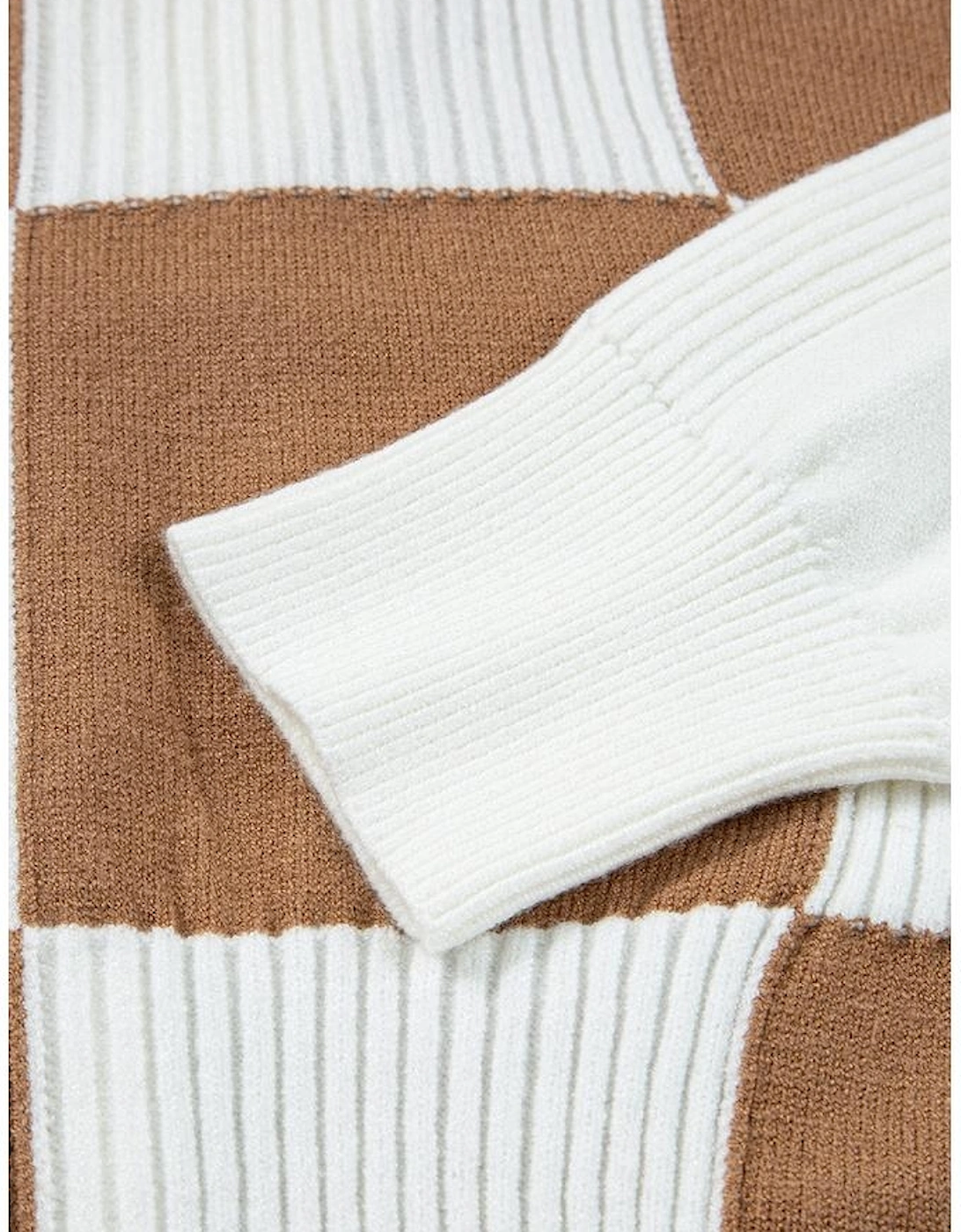 Khaki Checkered Pattern Ribbed Detail Button V Neck Sweater Cardigan