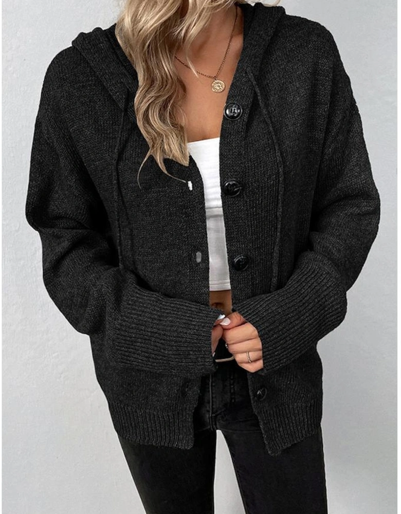 Black Drawstring Hooded Button Up Drop Shoulder Sweater Cardigan