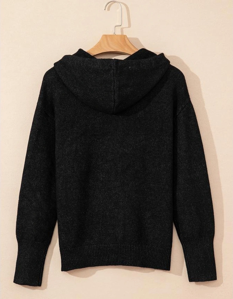 Black Drawstring Hooded Button Up Drop Shoulder Sweater Cardigan