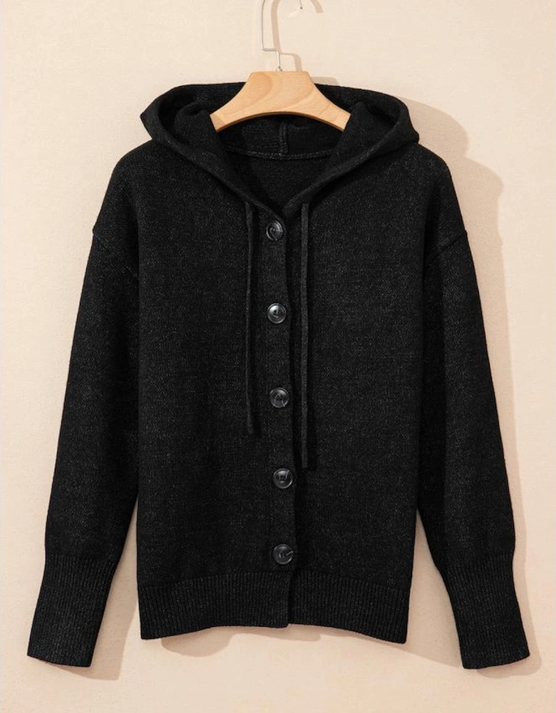 Black Drawstring Hooded Button Up Drop Shoulder Sweater Cardigan