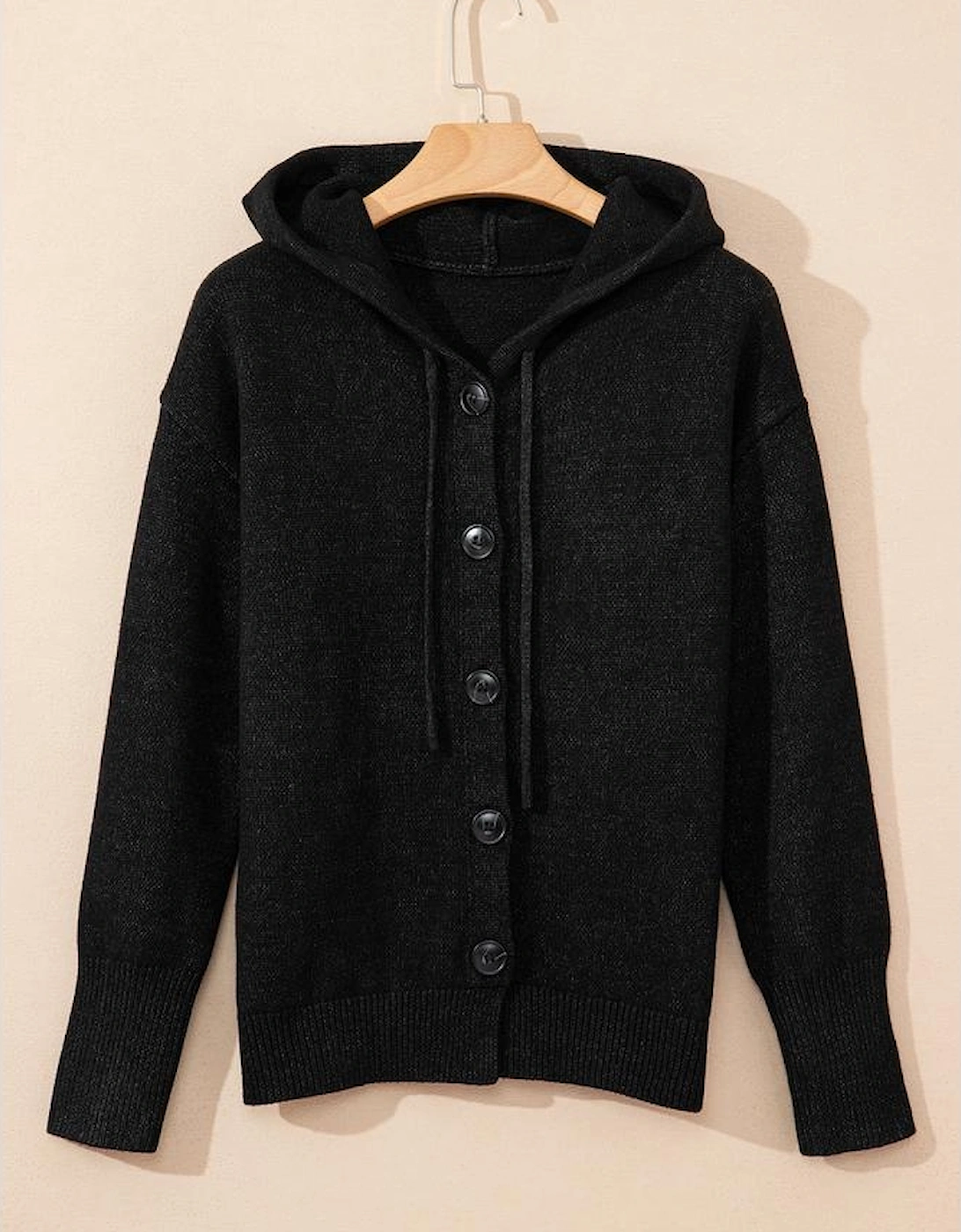 Black Drawstring Hooded Button Up Drop Shoulder Sweater Cardigan