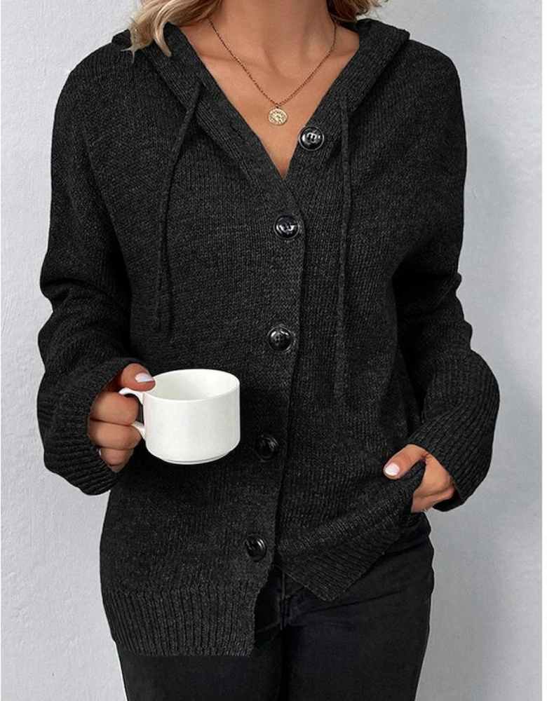 Black Drawstring Hooded Button Up Drop Shoulder Sweater Cardigan
