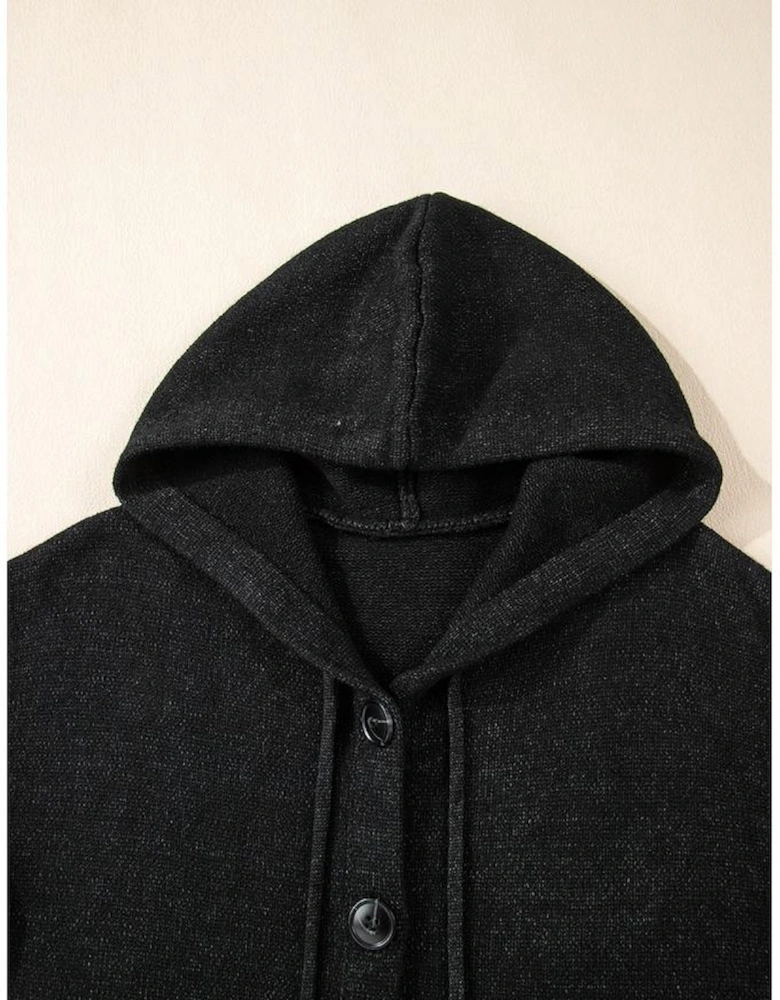 Black Drawstring Hooded Button Up Drop Shoulder Sweater Cardigan