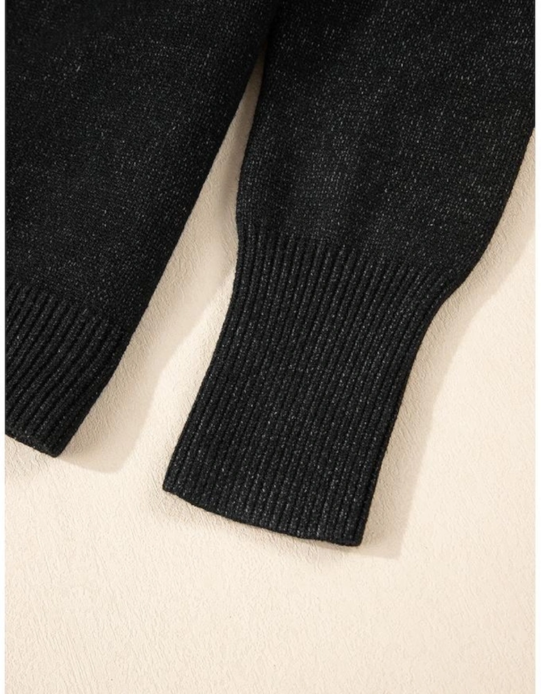 Black Drawstring Hooded Button Up Drop Shoulder Sweater Cardigan