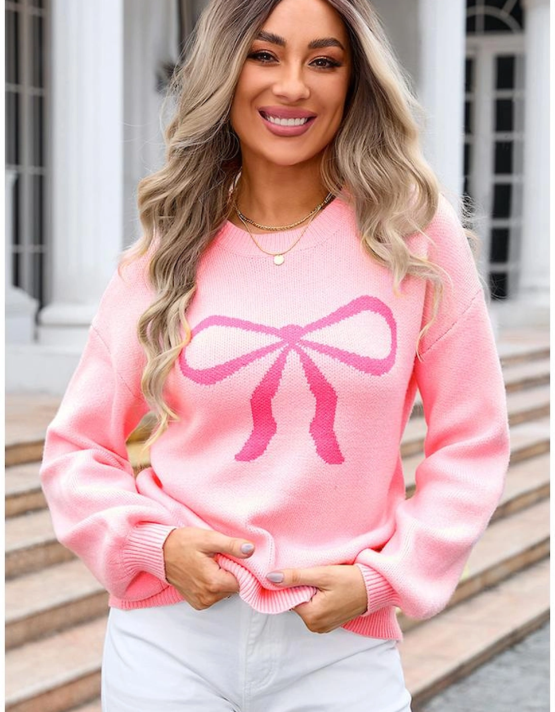 Pink Bow Graphic Drop Shoulder Round Neck Sweater