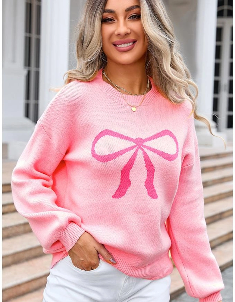 Pink Bow Graphic Drop Shoulder Round Neck Sweater
