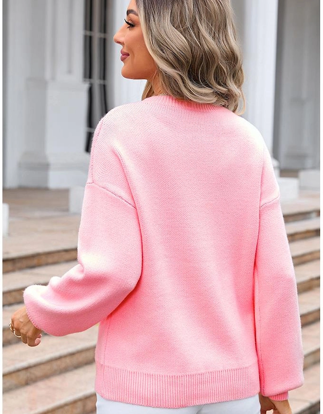 Pink Bow Graphic Drop Shoulder Round Neck Sweater, 14 of 13