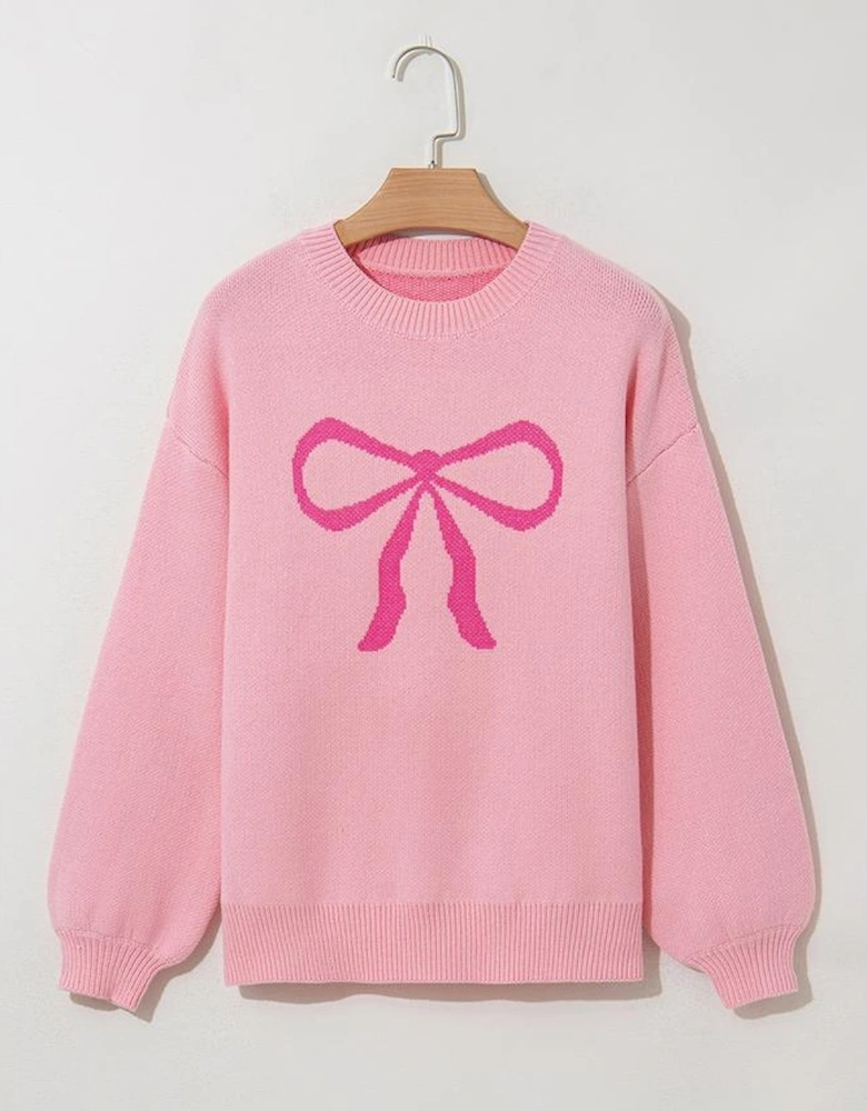 Pink Bow Graphic Drop Shoulder Round Neck Sweater