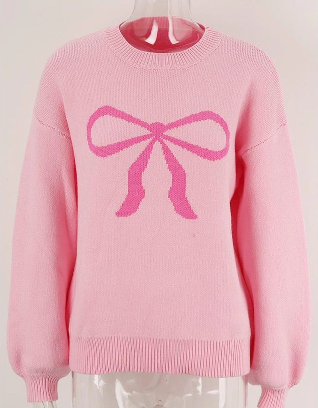 Pink Bow Graphic Drop Shoulder Round Neck Sweater
