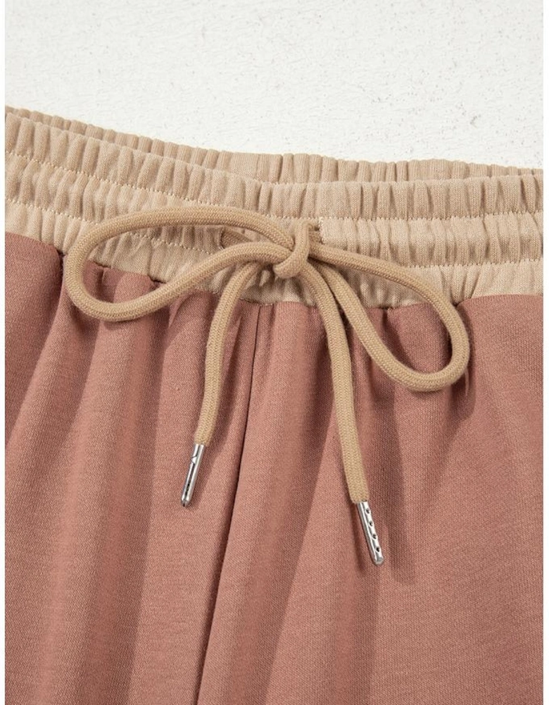 Khaki Color Block Long Sleeve Crop Top Drawstring Pant Set