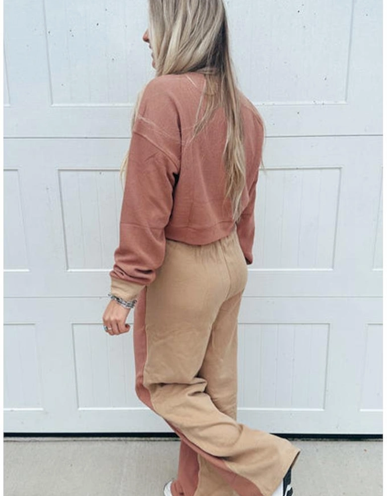 Khaki Color Block Long Sleeve Crop Top Drawstring Pant Set