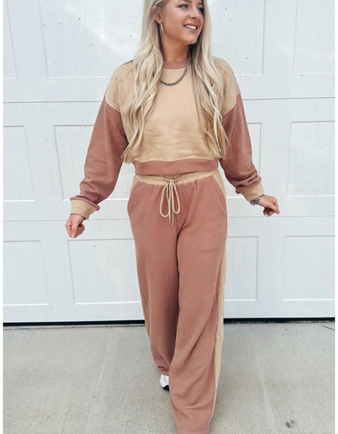 Khaki Color Block Long Sleeve Crop Top Drawstring Pant Set
