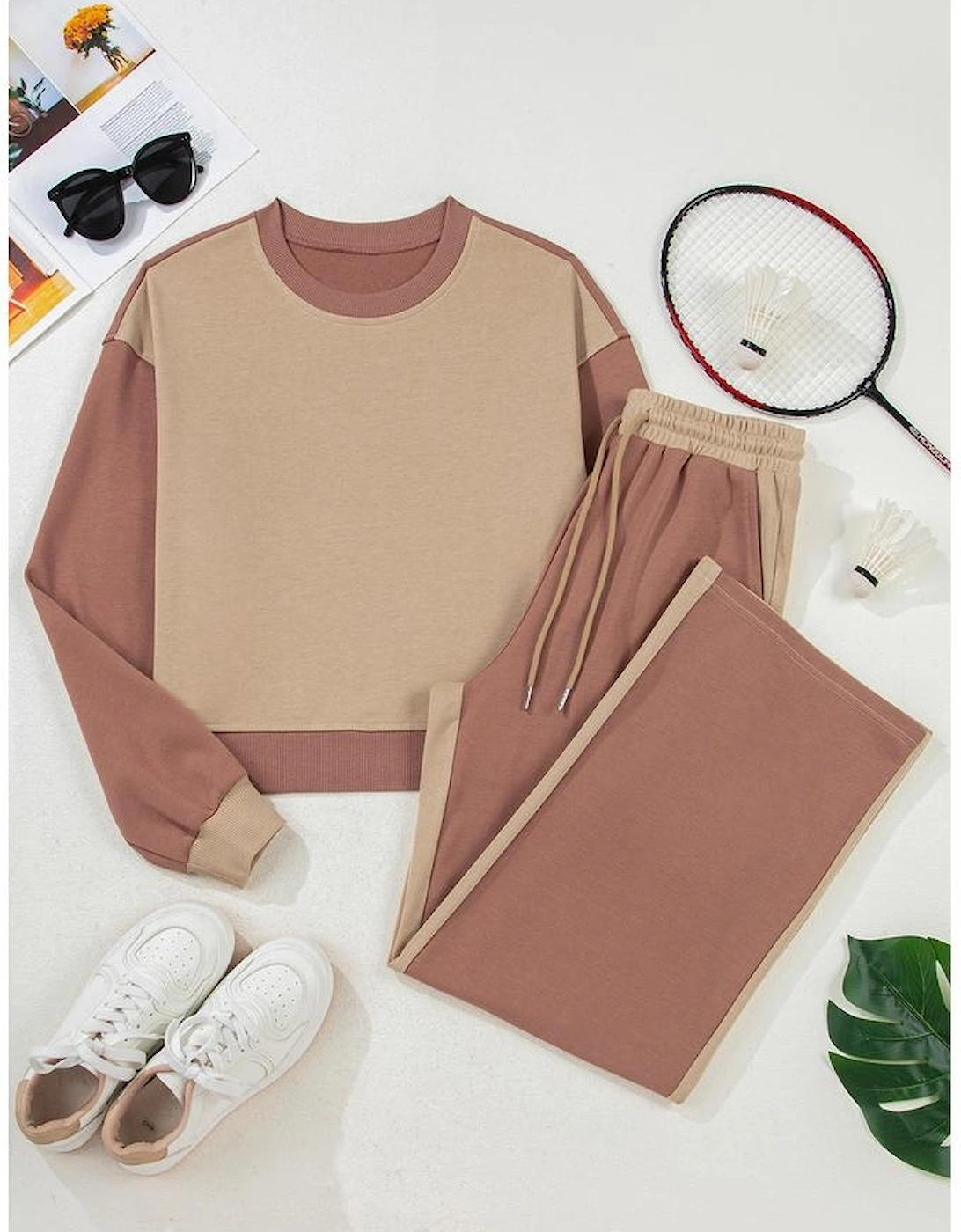 Khaki Color Block Long Sleeve Crop Top Drawstring Pant Set
