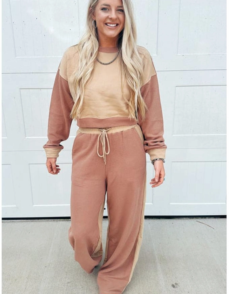 Khaki Color Block Long Sleeve Crop Top Drawstring Pant Set