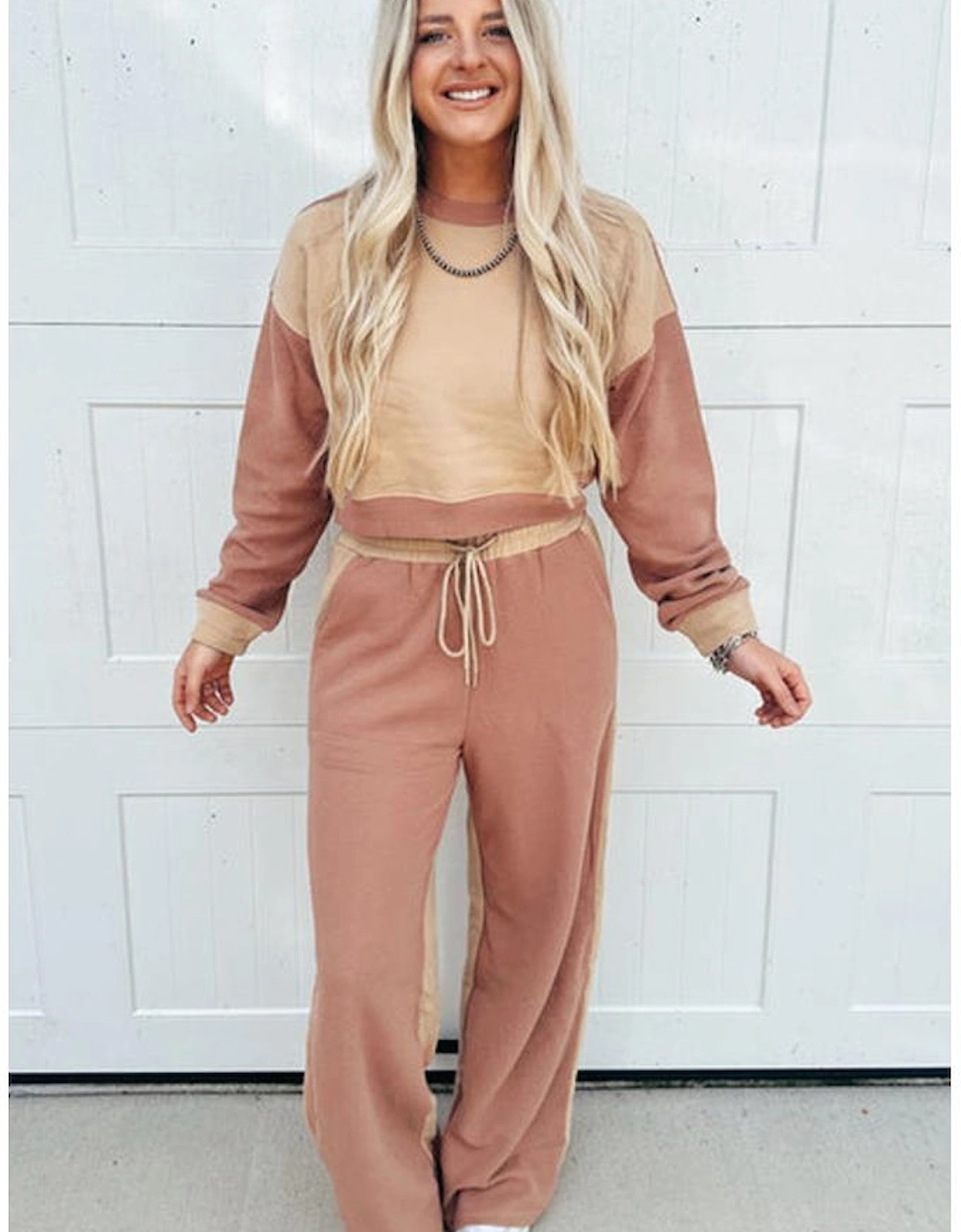 Khaki Color Block Long Sleeve Crop Top Drawstring Pant Set