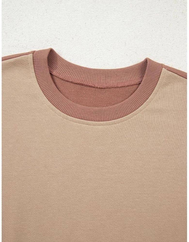 Khaki Color Block Long Sleeve Crop Top Drawstring Pant Set