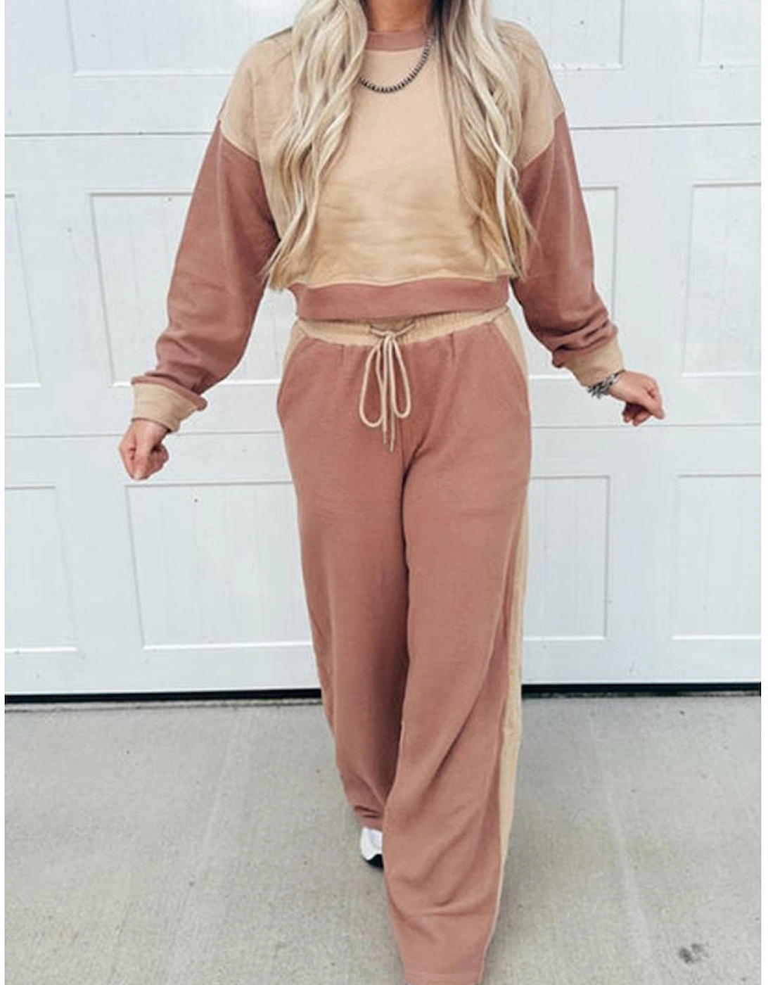 Khaki Color Block Long Sleeve Crop Top Drawstring Pant Set