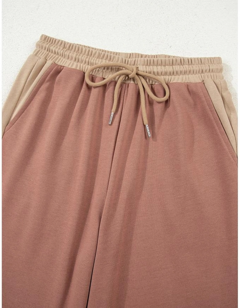 Khaki Color Block Long Sleeve Crop Top Drawstring Pant Set