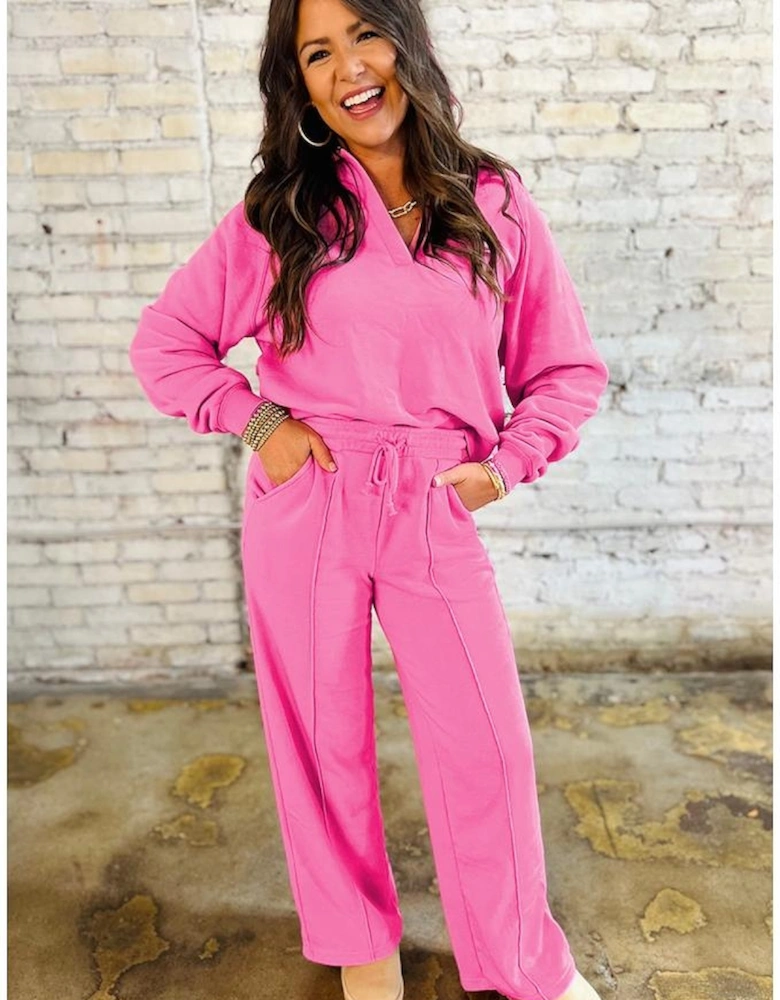 Sachet Pink Solid Color Collared Pullover and Central Seam Pants Set