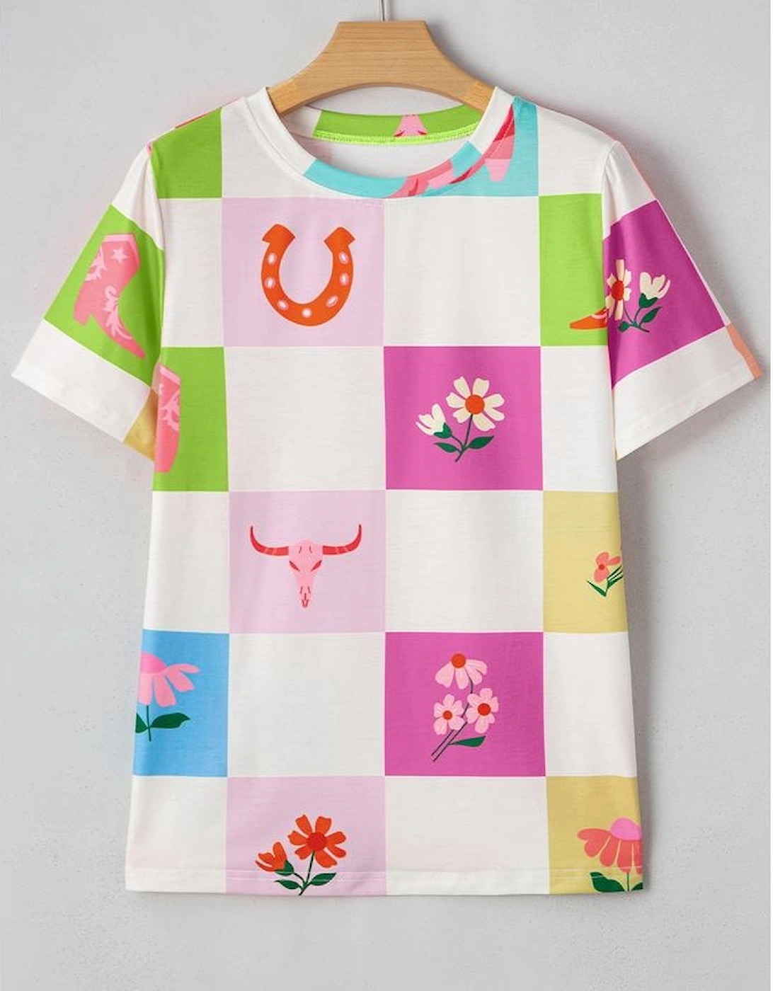 Purple Western Fashion Checker Print Crewneck T Shirt