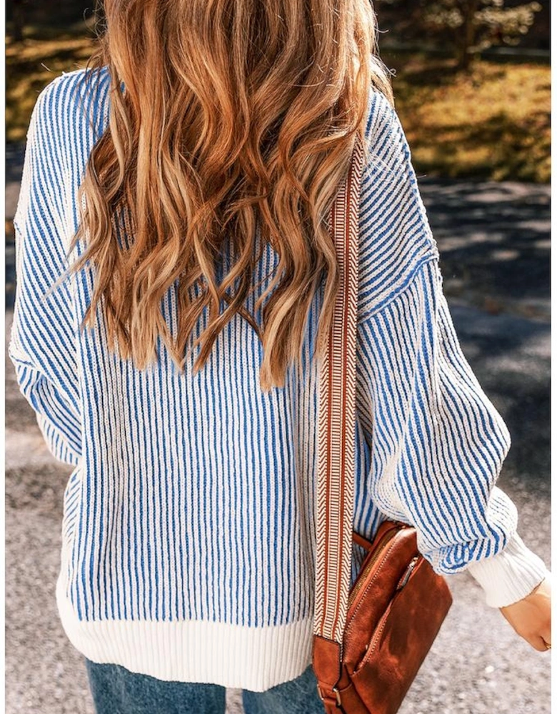 Dark Blue Striped Textured Knit Contrast Edge Loose Sweater