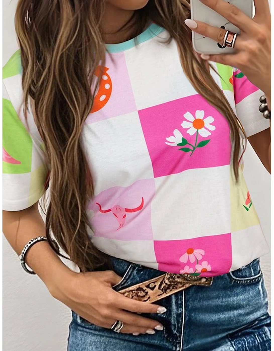 Purple Western Fashion Checker Print Crewneck T Shirt