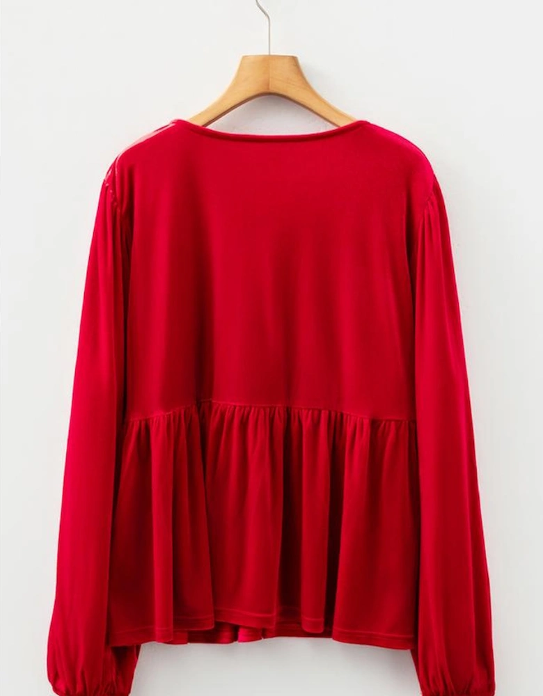 Red Clay Plus Size Tie Front Velvet Peplum Blouse