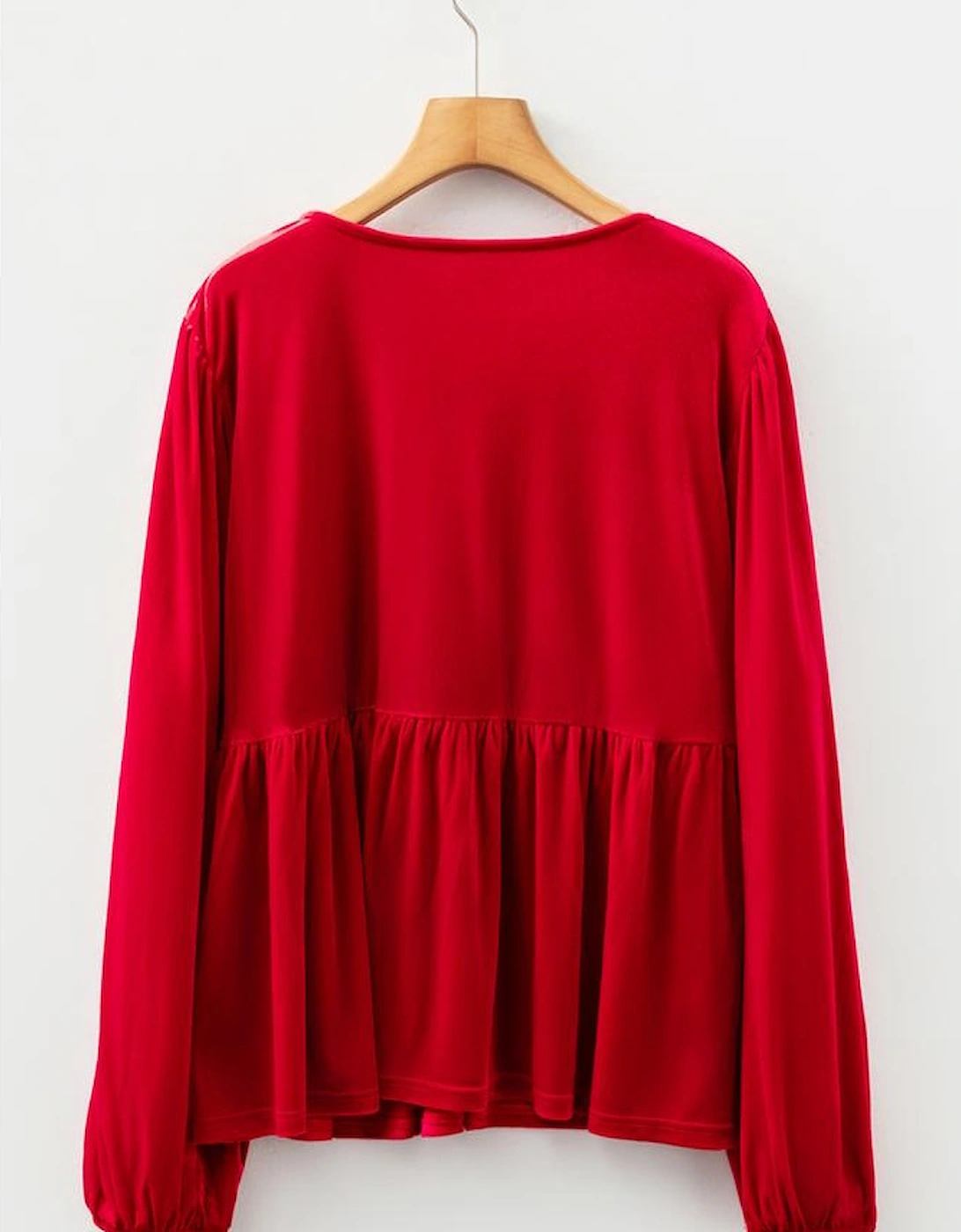 Red Clay Plus Size Tie Front Velvet Peplum Blouse