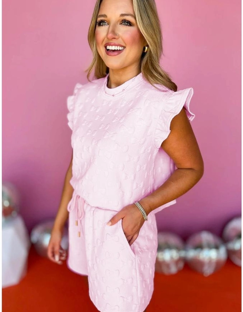 Pink Bow Jacquard Ruffle Sleeve Short 2pcs Outfit