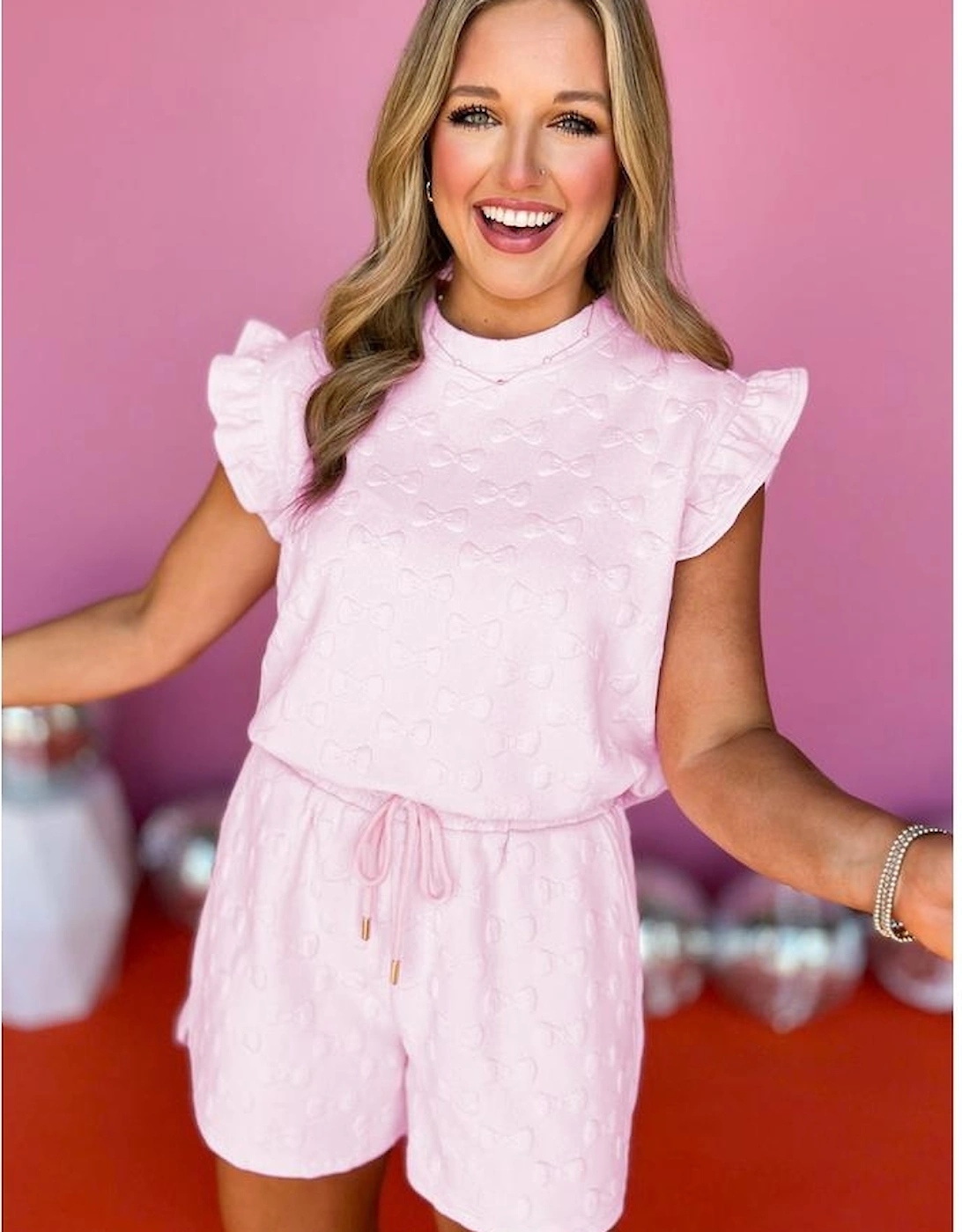 Pink Bow Jacquard Ruffle Sleeve Short 2pcs Outfit