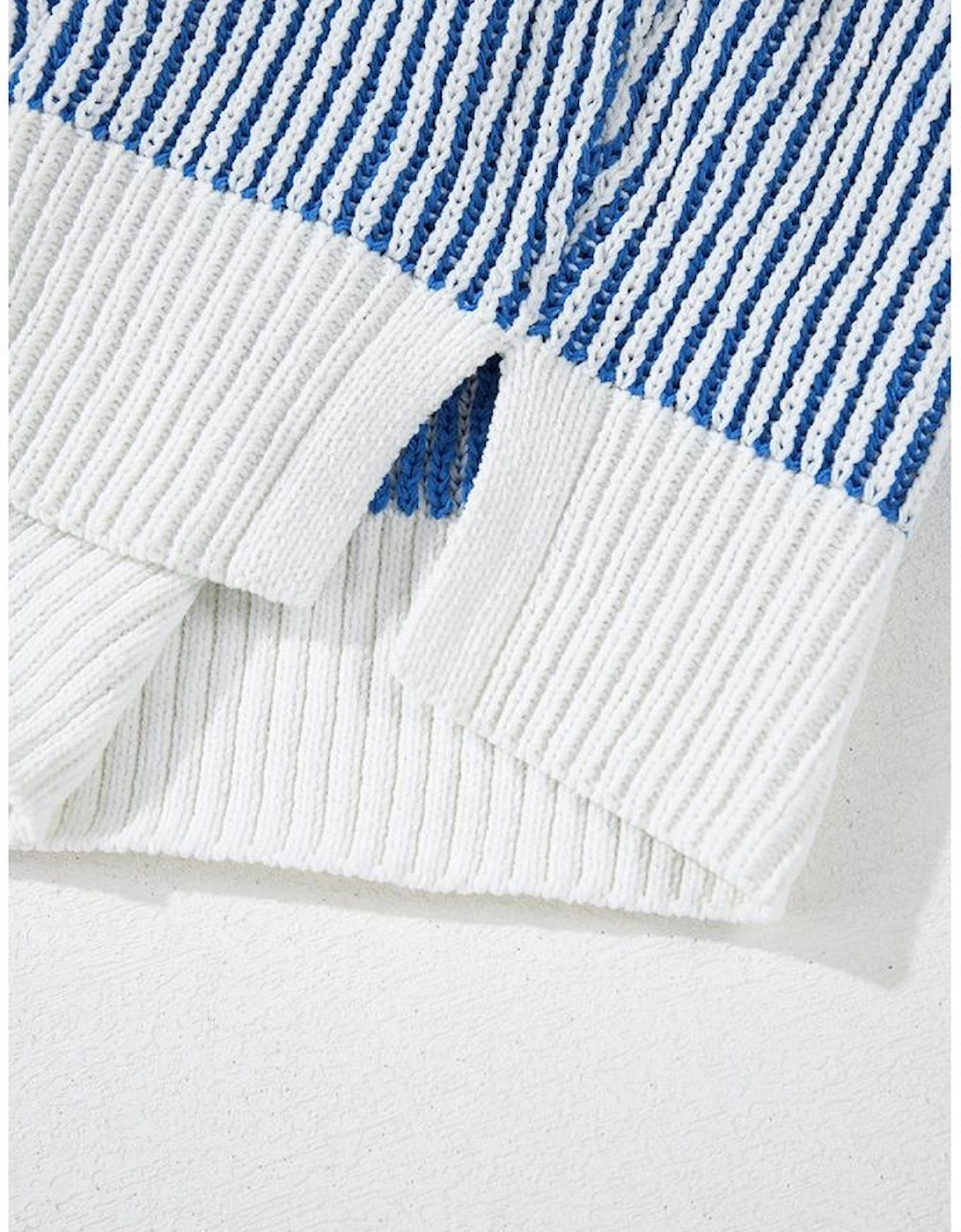 Dark Blue Striped Textured Knit Contrast Edge Loose Sweater